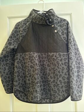 J. Crew Quilted Fleece Pullover in Gray and Black Leopard Print